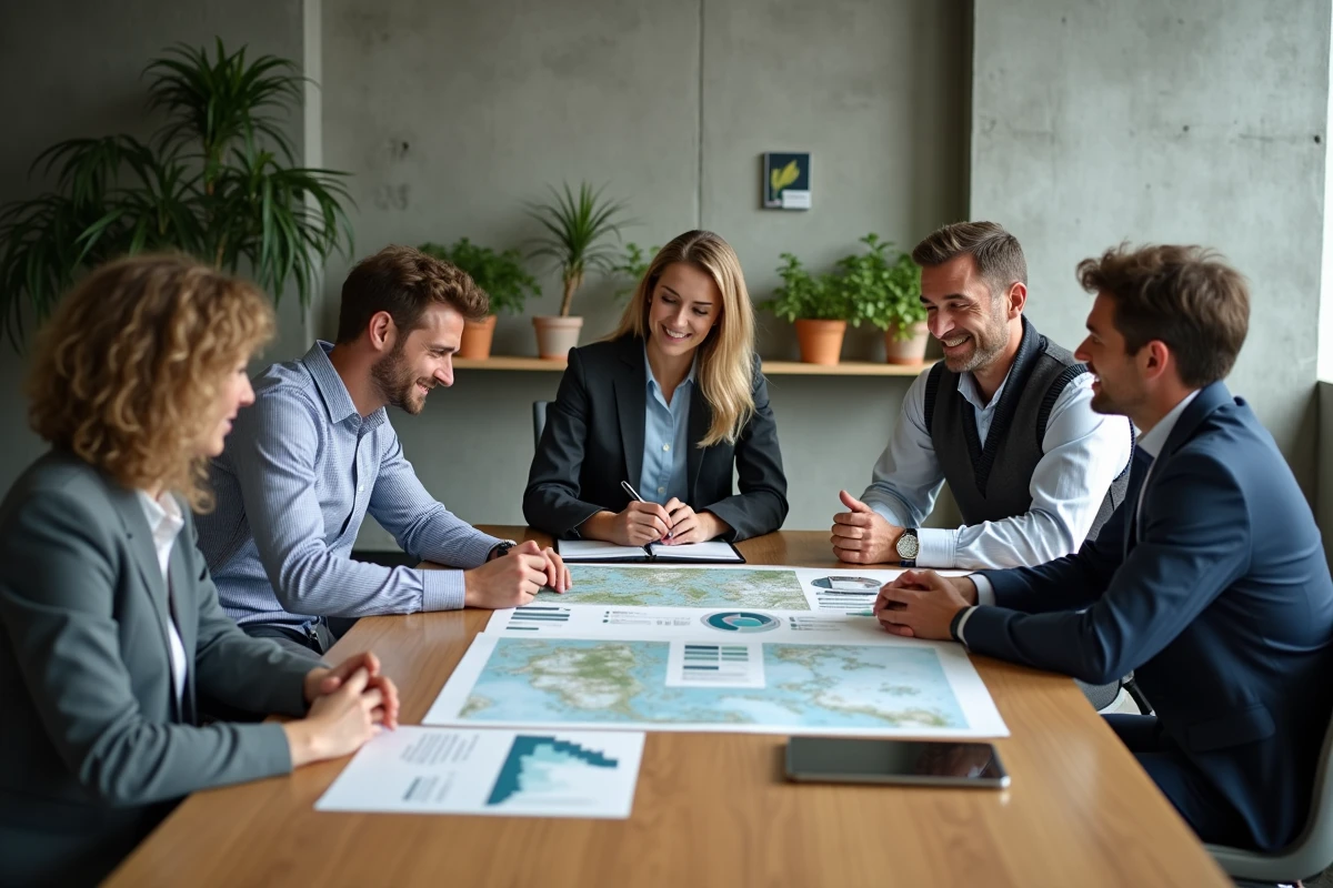 Équipe pluridisciplinaire de professionnels analysant des cartes et rapports sur le lien entre environnement et développement économique régional