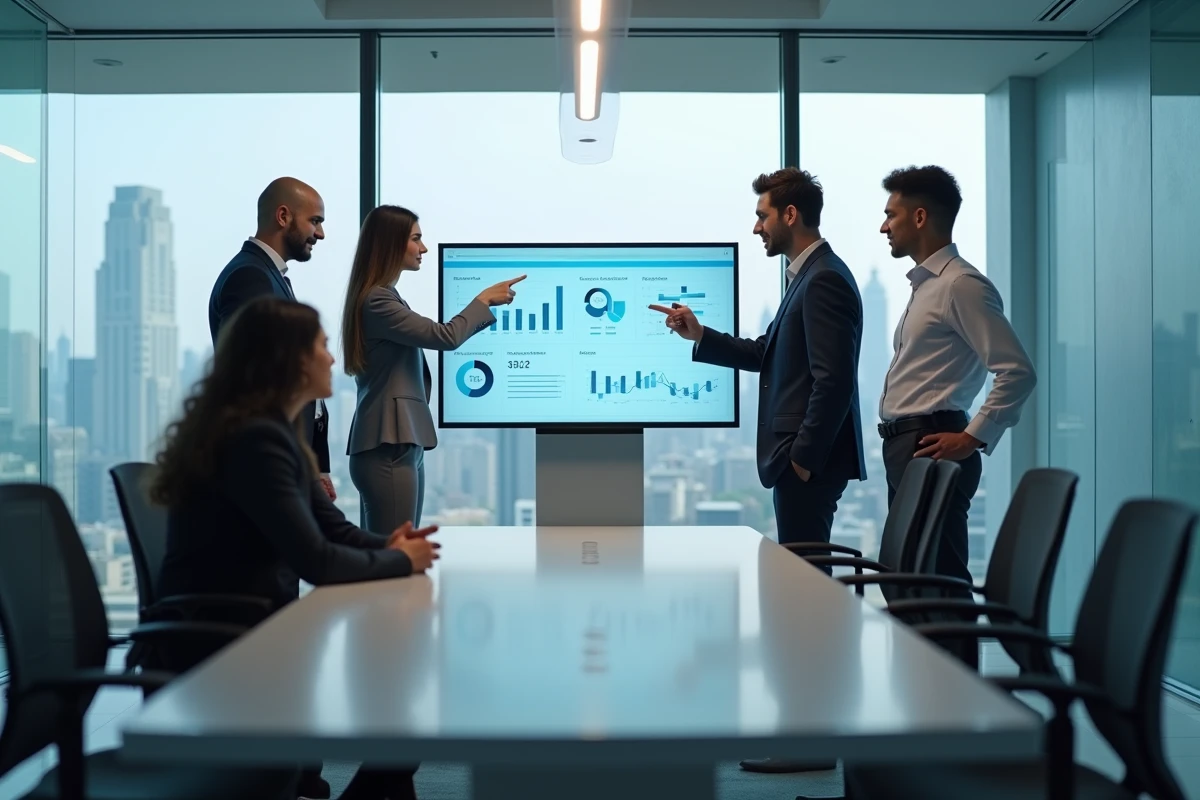 Équipe bancaire analysant des données de transactions numériques sur un écran tactile en salle de réunion lors d'une discussion stratégique sur la digitalisation