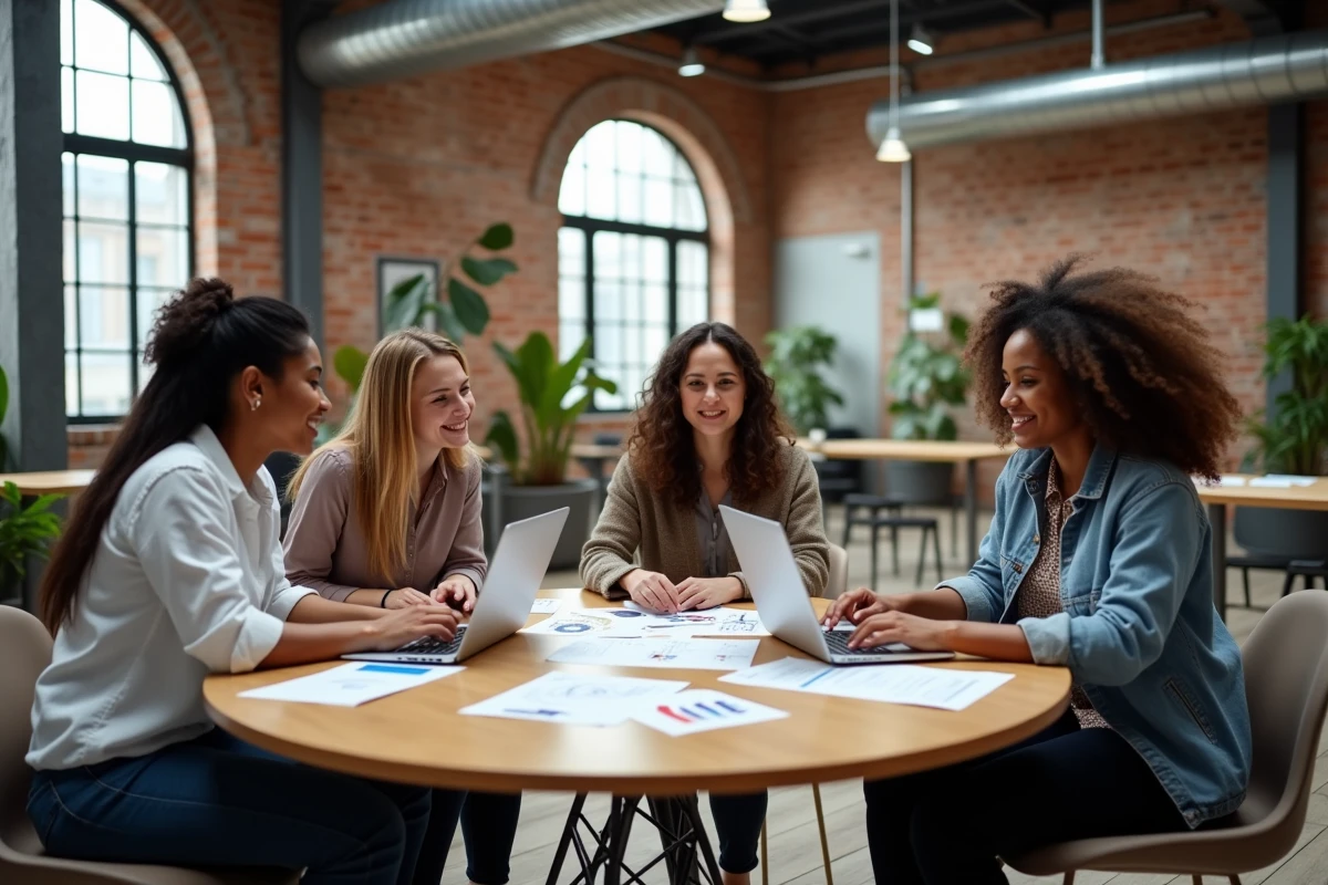 Équipe entrepreneuriale diversifiée en session de brainstorming autour d'une table dans un loft industriel créatif