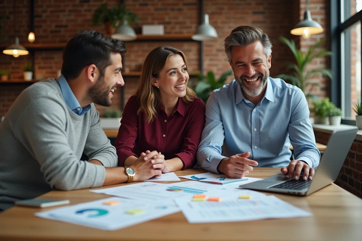 Équipe de professionnels collaborant sur une analyse des sources de croissance économique dans un espace de travail moderne
