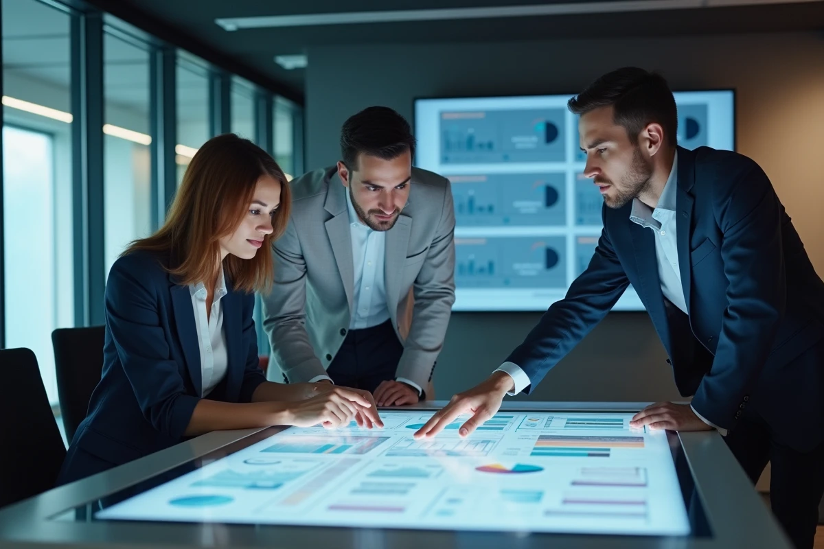 Équipe professionnelle collaborant autour d'un tableau de bord intelligence artificielle en salle de réunion