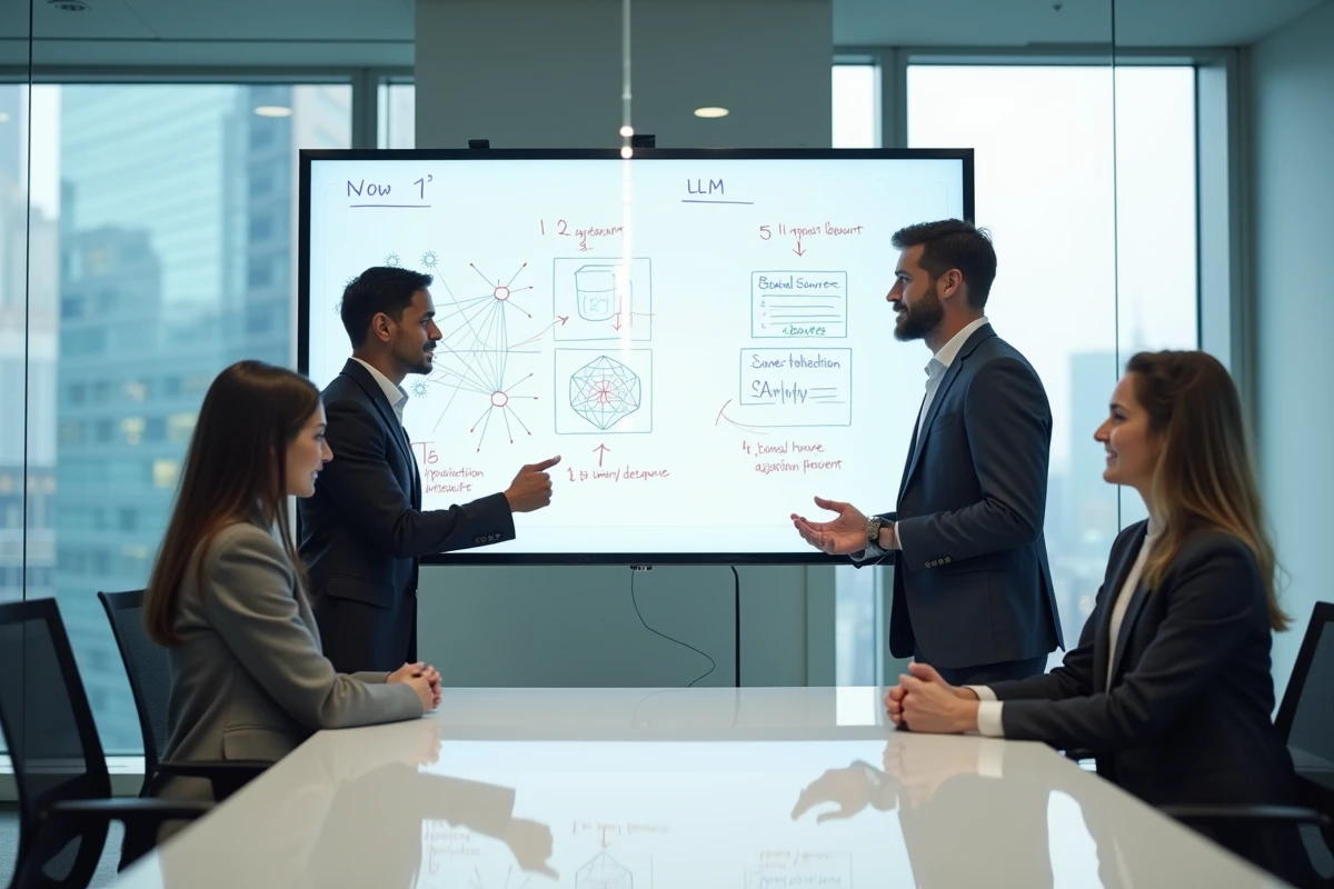 Équipe de professionnels discutant de l'architecture des modèles LLM et GPT devant un tableau interactif en salle de réunion
