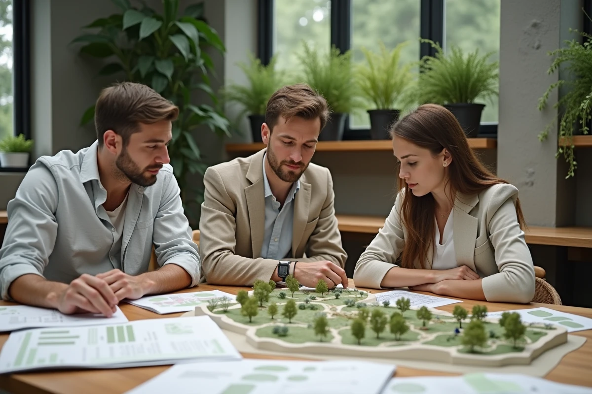 Équipe de professionnels travaillant sur un projet de développement durable avec des documents de planification environnementale sur une table en bois