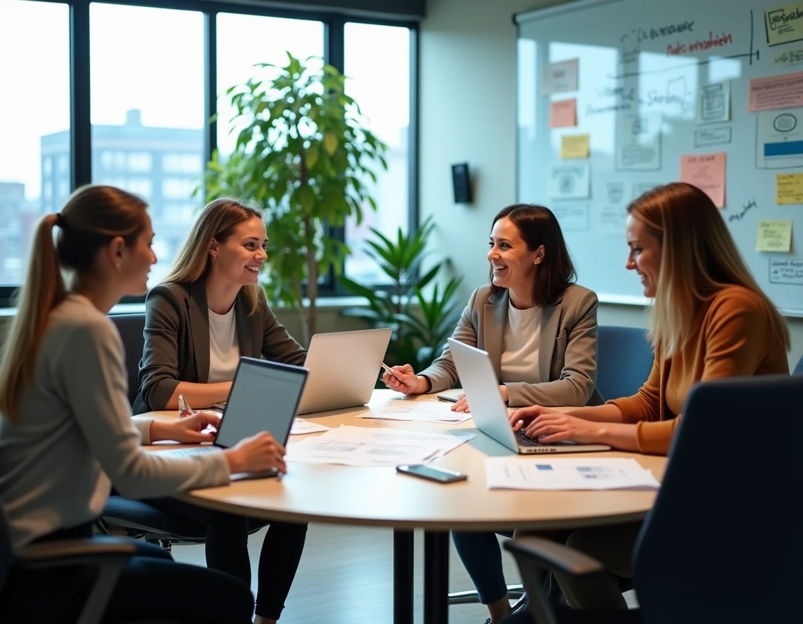 Équipe collaborative discutant d'une stratégie de présence en ligne autour d'une table avec des maquettes de site web