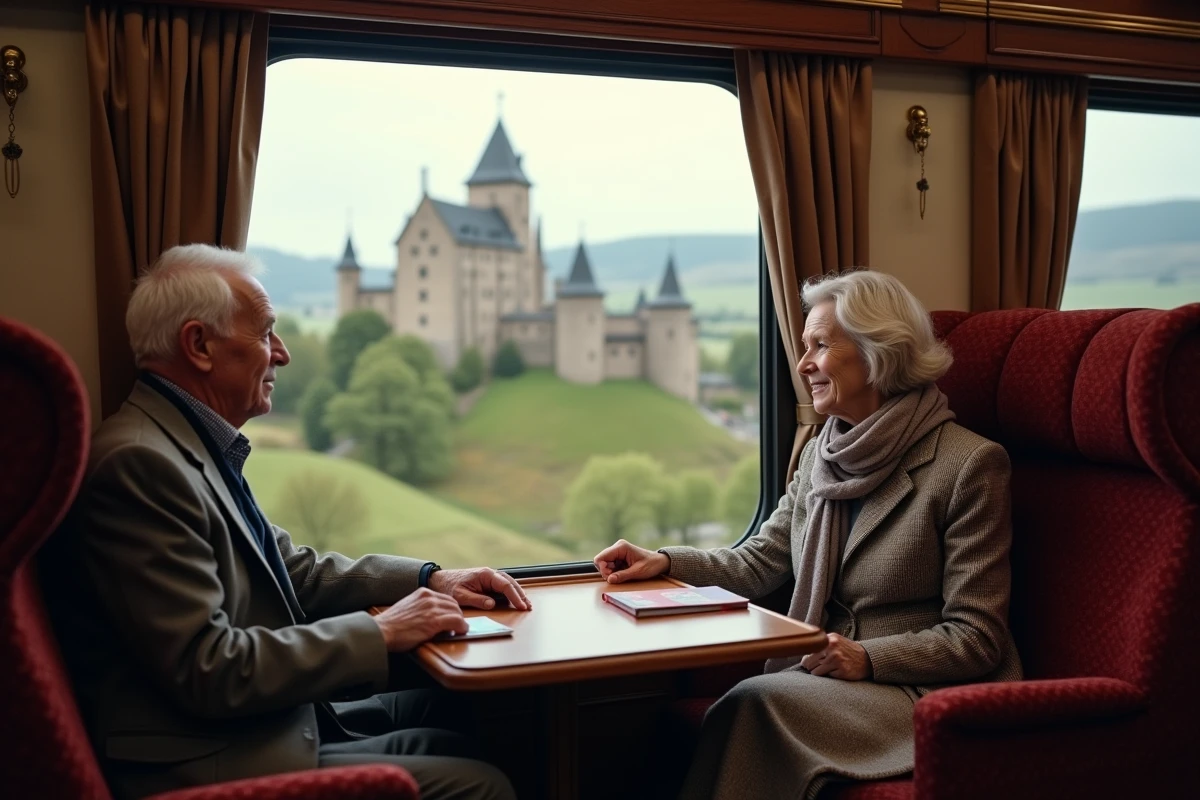 Couple de seniors dans un compartiment de train contemplant un site historique lors d'une escapade ferroviaire