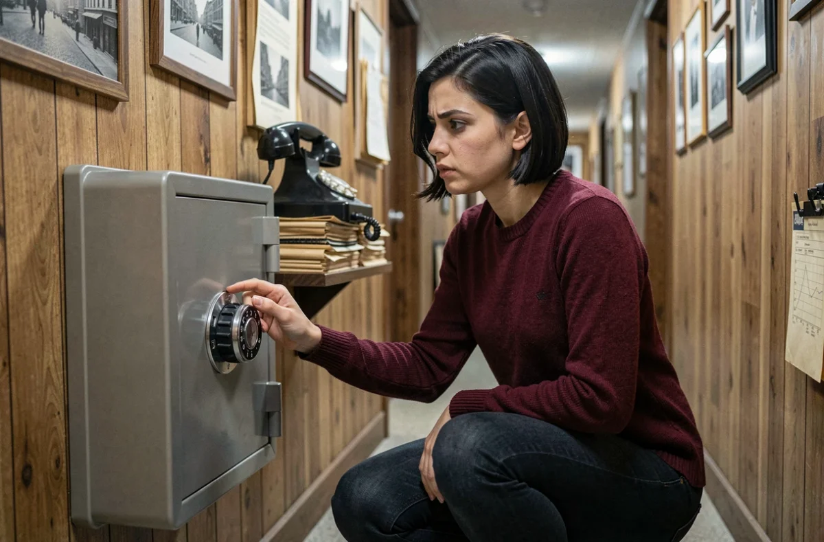 Jeune femme concentrée tentant d'ouvrir un coffre-fort dans un escape room thématique style bureau de détective dans les Hauts-de-Seine