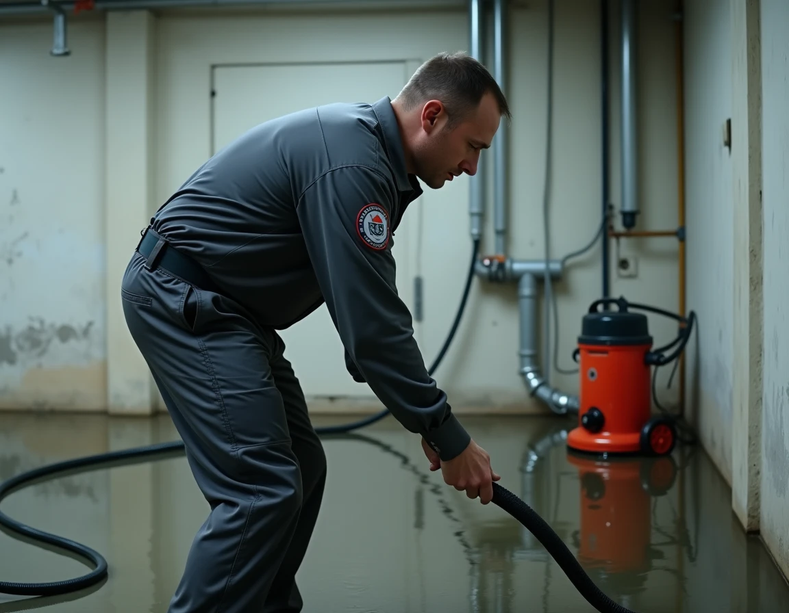 Technicien d'Etienne Services intervenant en urgence dans un local technique inondé
