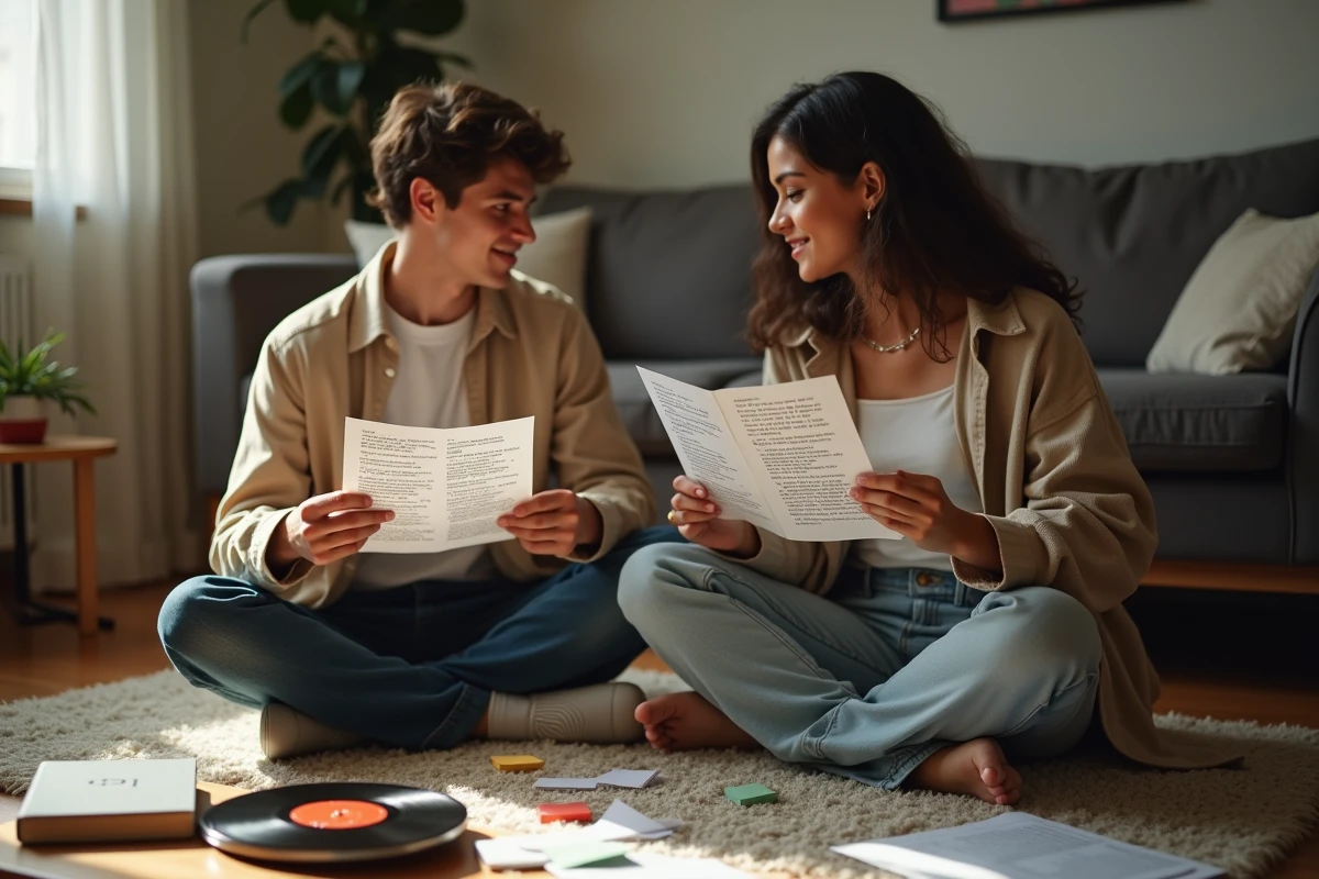 Deux étudiants étudiant ensemble des paroles de musique avec annotations en français sur papier imprimé