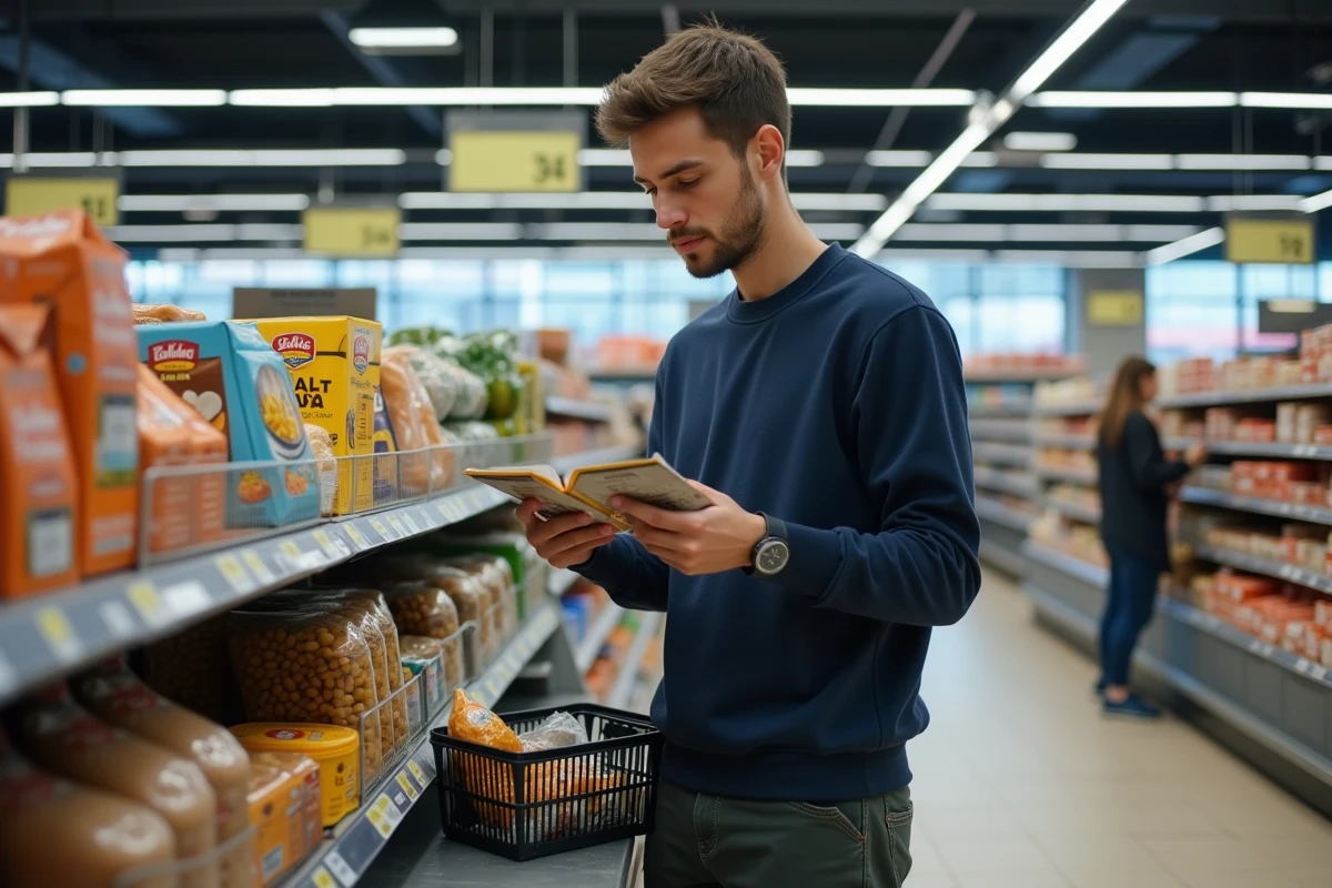 Étudiant comparant les prix dans un supermarché économique pour gérer son budget alimentaire