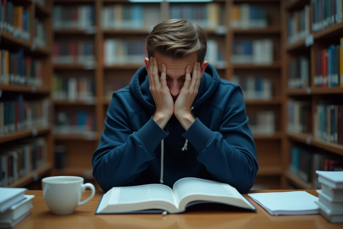 Étudiant en médecine épuisé face à un manuel de neurosciences, représentant les effets du manque nutritionnel sur les fonctions cognitives du cerveau