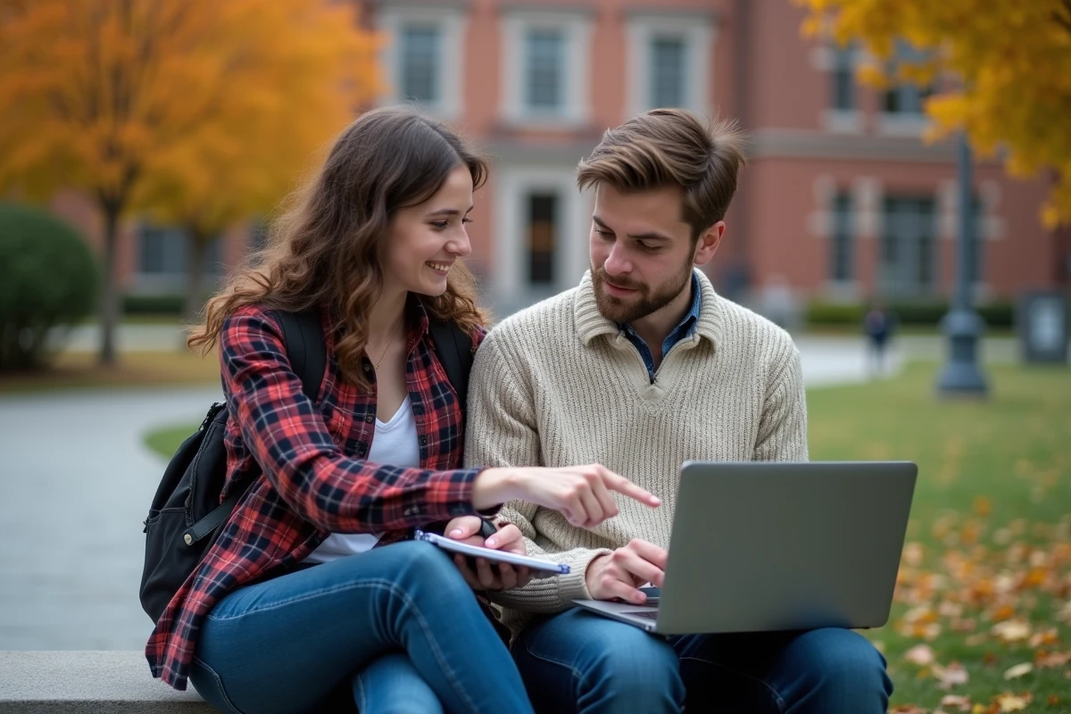 Deux étudiants collaborant sur un budget étudiant et des aides financières sur un campus universitaire