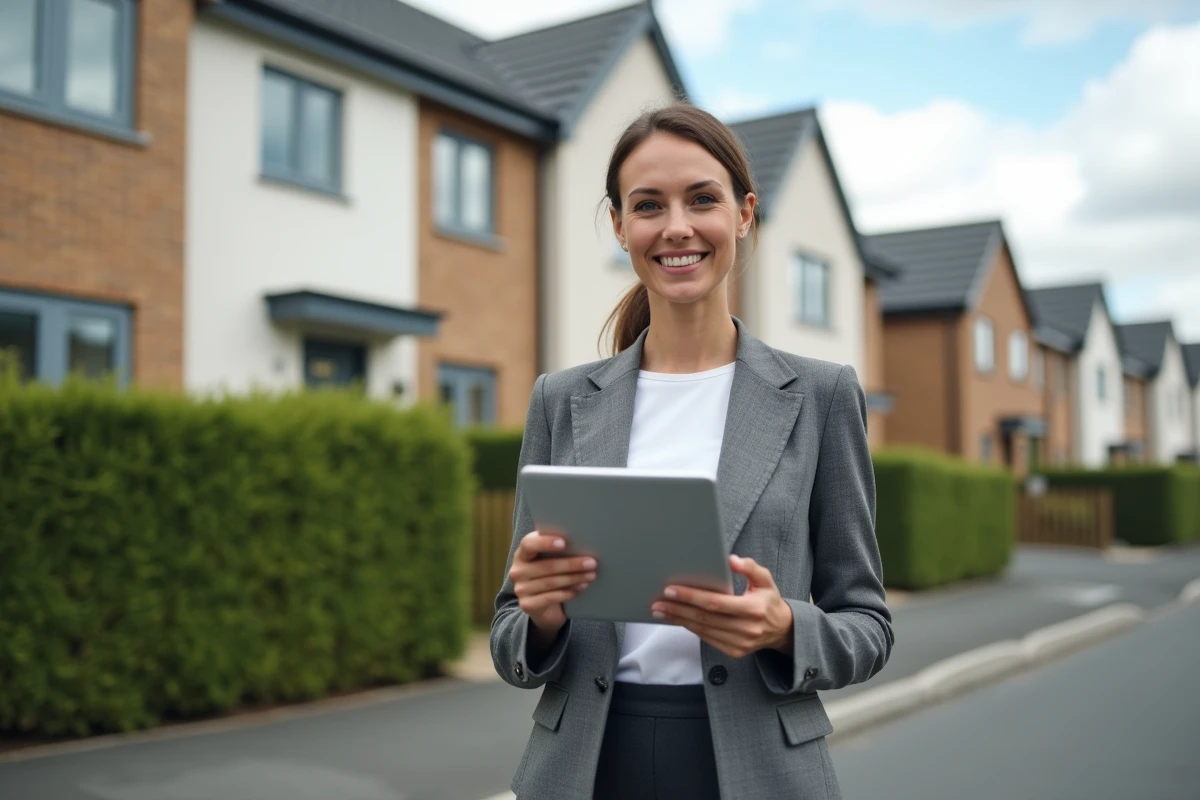 Experte immobilière devant une propriété résidentielle tenant une tablette avec un rapport d'évaluation