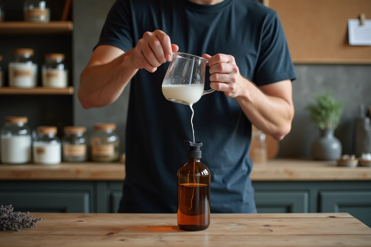 Homme versant une solution nettoyante naturelle maison dans un flacon spray en verre ambré dans un atelier organisé