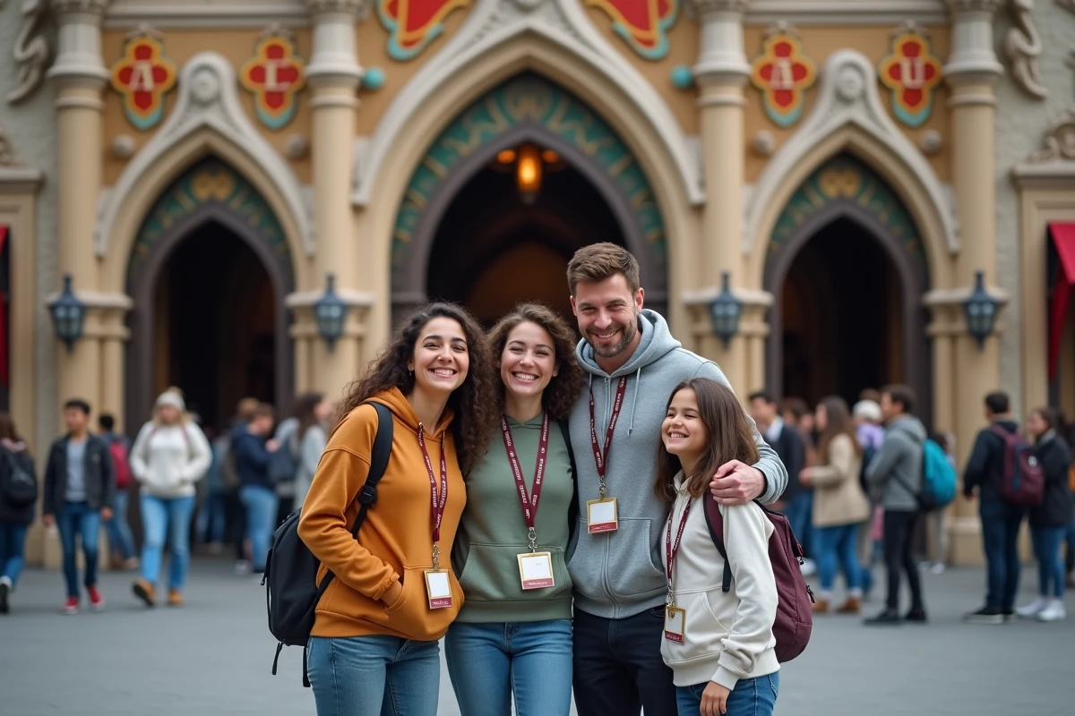 Famille souriante devant l'entrée d'une attraction dans un parc à thème Disney