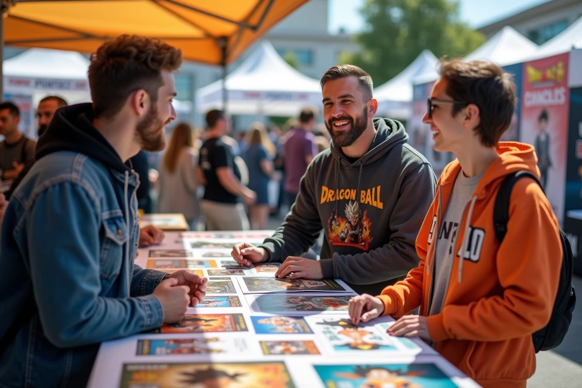 Groupe de fans adultes discutant autour d'illustrations de Black Goku lors d'une convention Dragon Ball Super en plein air