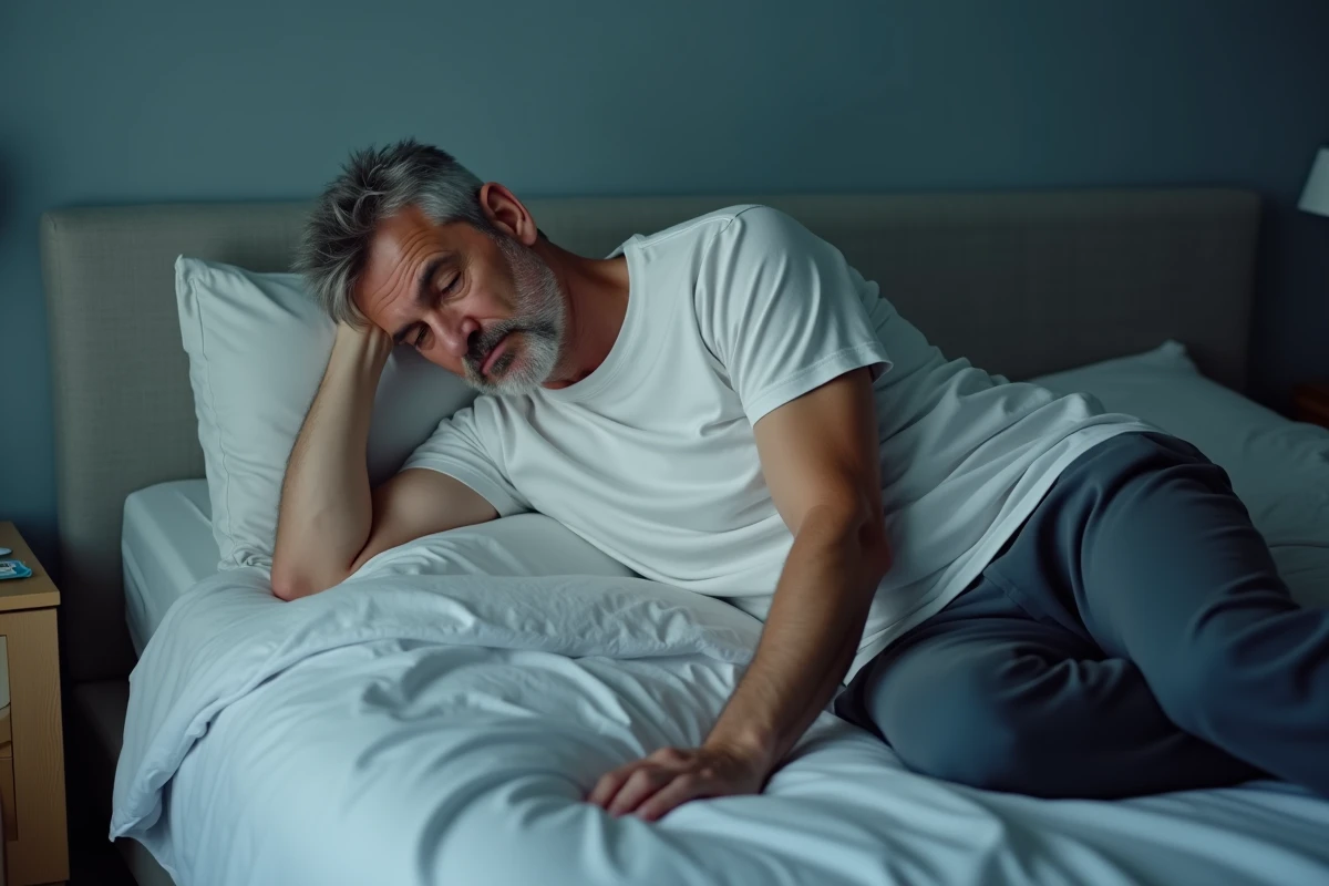 Homme atteint de fatigue neurologique allongé sur un lit, bras sur le visage, entouré de médicaments sur la table de nuit.