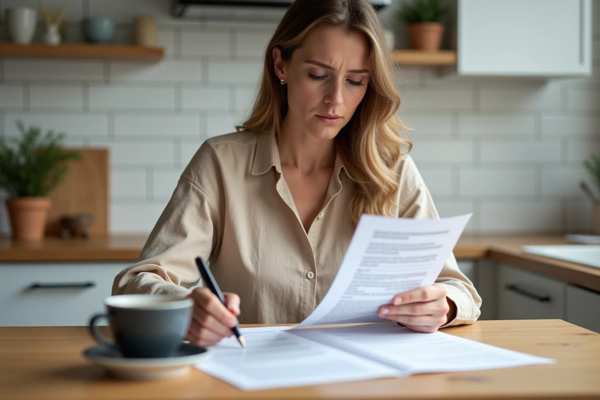 Femme examinant un contrat d'assurance habitation et un avis de conformité sur la séparation des réseaux d'eaux