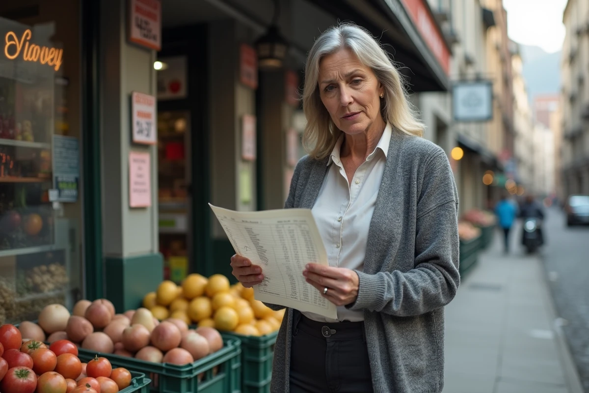 Femme de classe ouvrière consultant un document budgétaire devant une épicerie de quartier populaire, illustrant les défis économiques quotidiens