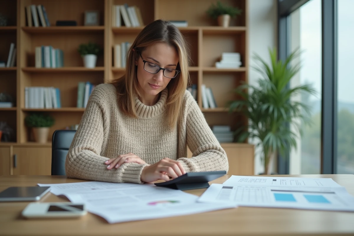 Femme étudiant un formulaire fiscal sur la plus-value immobilière d'une résidence secondaire dans un bureau à domicile