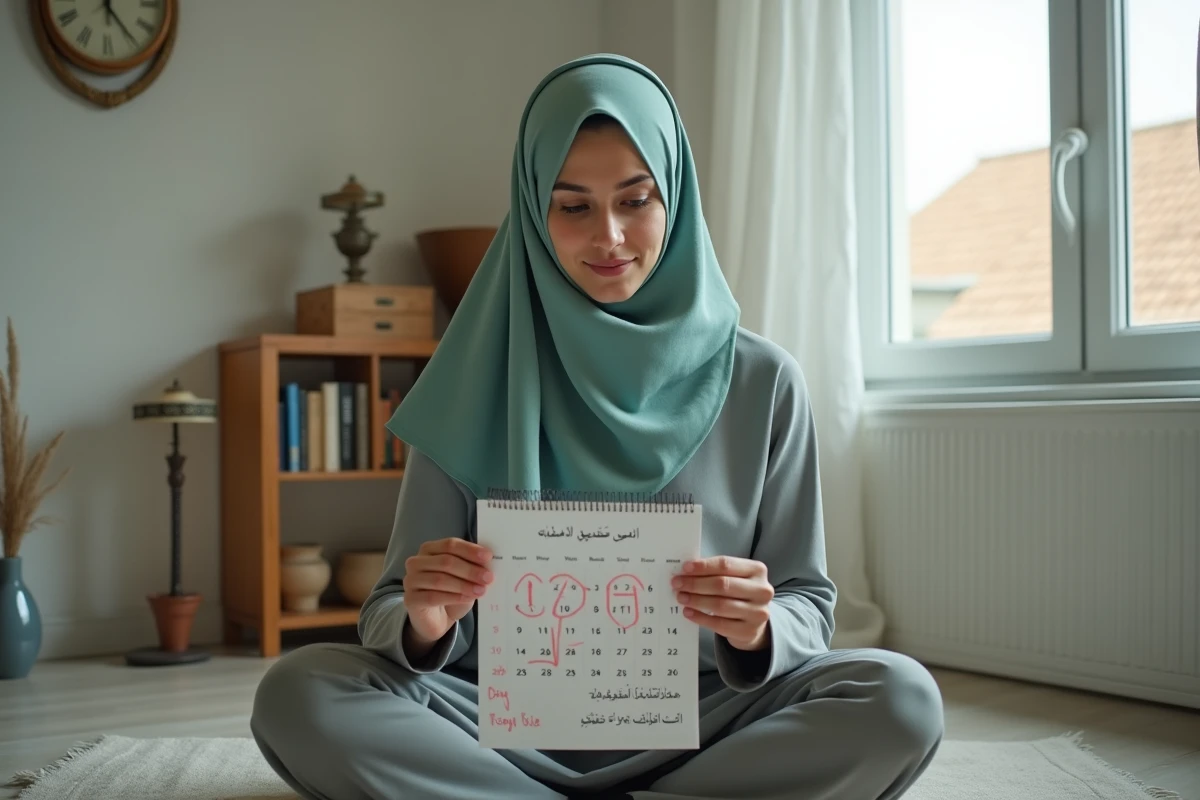Femme consultant un calendrier des horaires de prière pour Béziers en 2026 dans une pièce intérieure