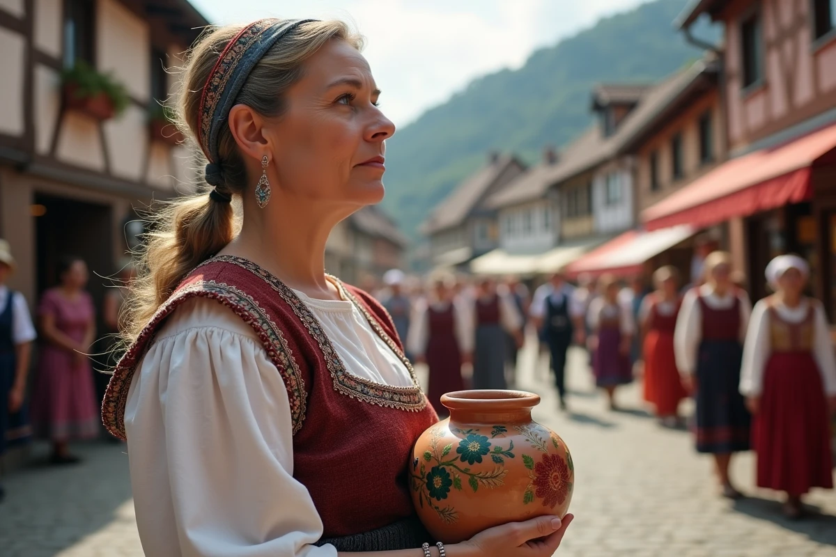 Femme en costume traditionnel régional tenant une poterie artisanale lors d'une fête du patrimoine culturel dans un village européen