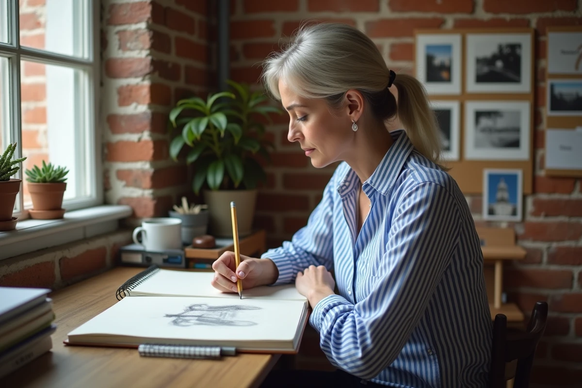 Femme dessinant dans un carnet de croquis à son bureau à domicile pour s'occuper créativement à la maison