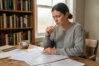 Femme concentrée résolvant des énigmes logiques difficiles à son bureau en bois avec des feuilles de puzzles