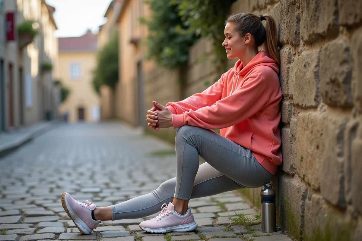 Femme s'étirant après une séance de marche dans une rue pavée pour optimiser sa perte de poids