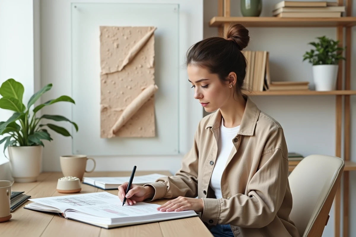 Femme étudiant un document technique sur l'efficacité de l'isolant en papier avec un échantillon de matériau posé sur son bureau
