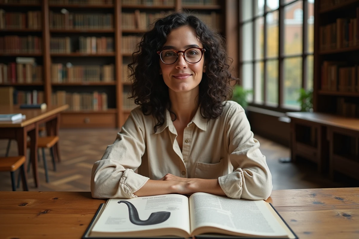 Femme étudiant l'œuvre de Magritte et la philosophie du langage dans une bibliothèque universitaire