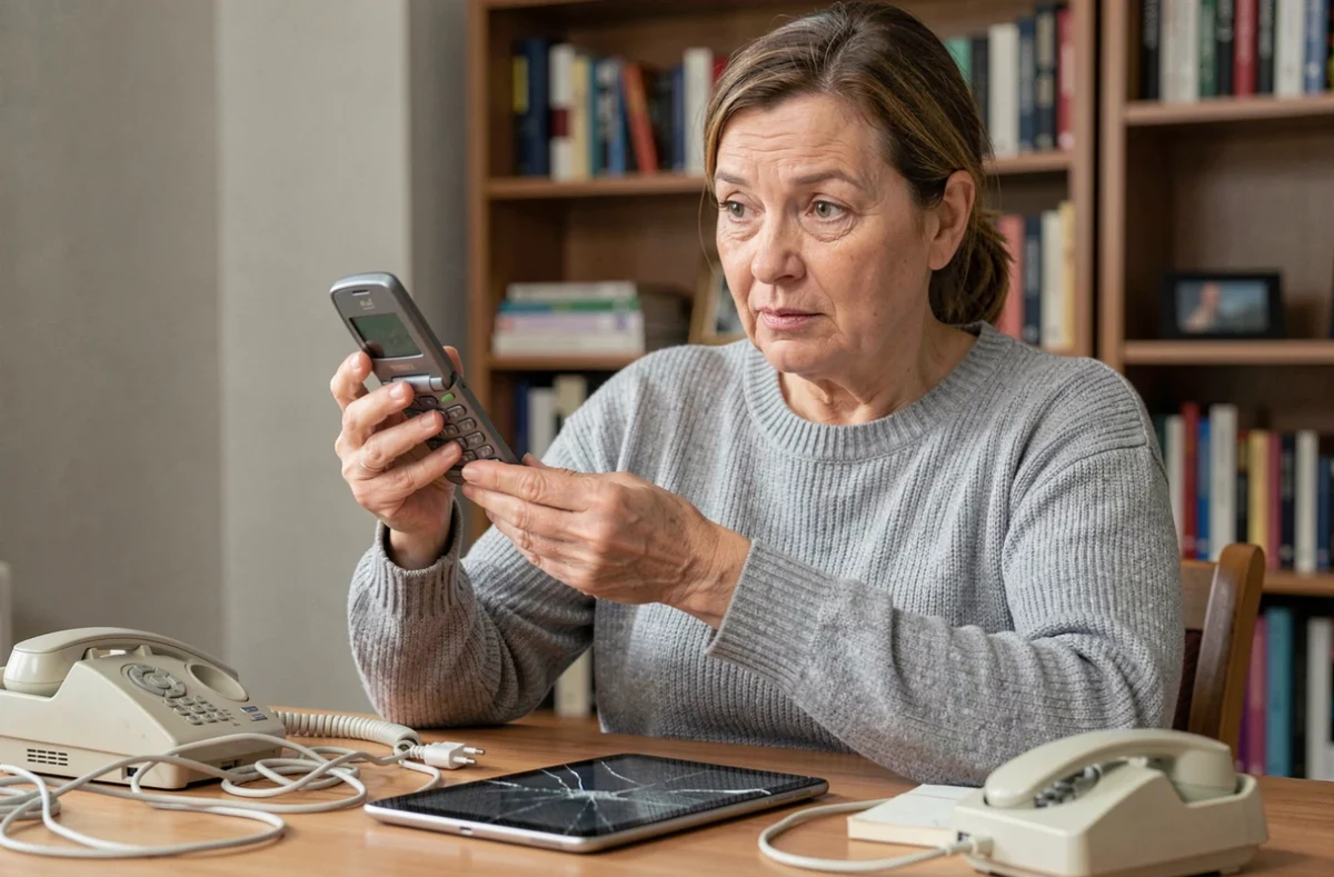 Femme tenant un vieux téléphone à clapet et examinant des appareils électroniques obsolètes sur un bureau encombré