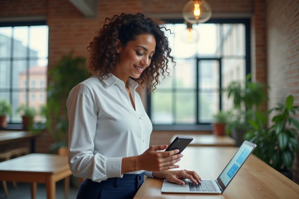 Femme professionnelle utilisant smartphone et tablette dans un espace fintech moderne symbolisant la transformation numérique bancaire
