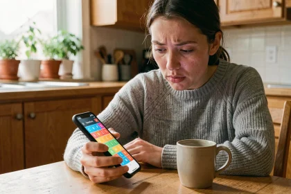 Femme concentrée jouant à un jeu de mots sur smartphone à une table en bois dans une cuisine chaleureuse