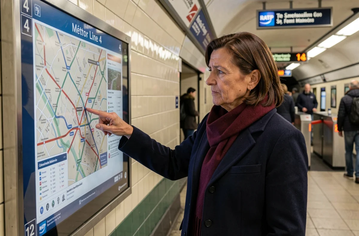 Femme consultant un plan de la ligne 4 du métro de Paris affiché dans une station souterraine