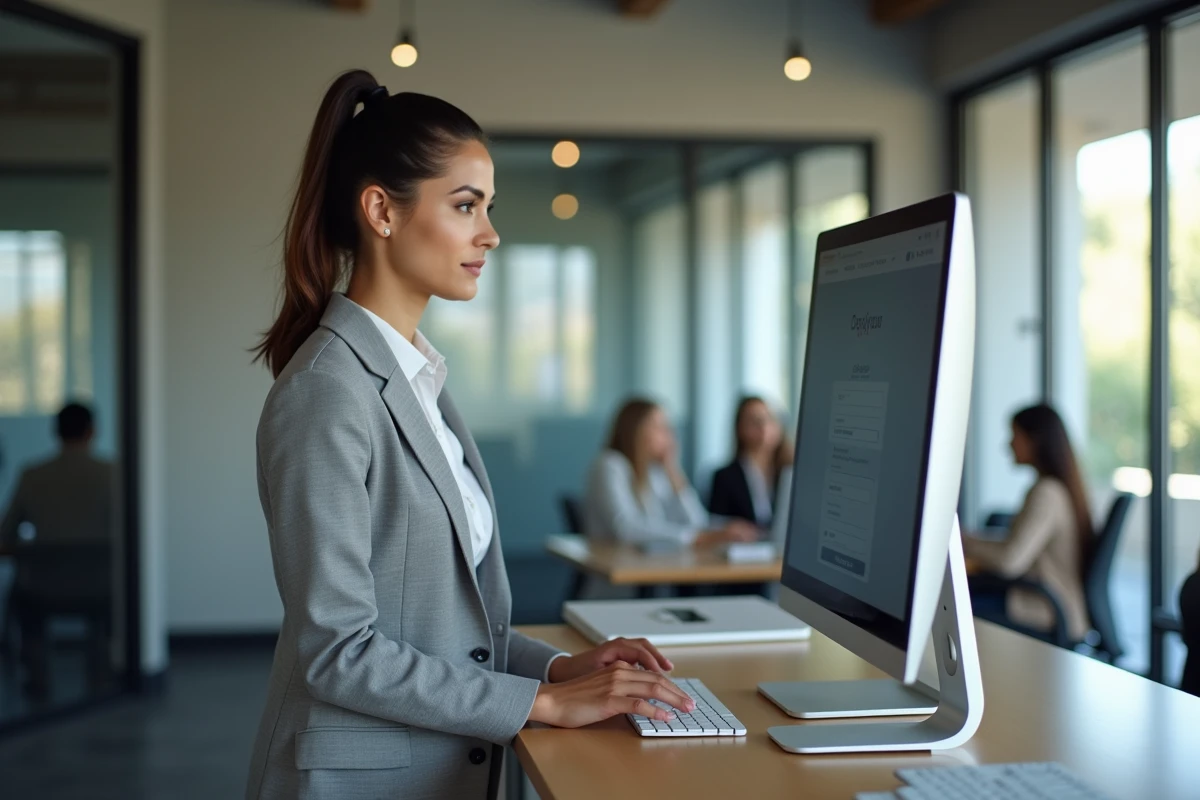 Femme professionnelle accédant à un portail d'espace membre dans un espace de coworking moderne