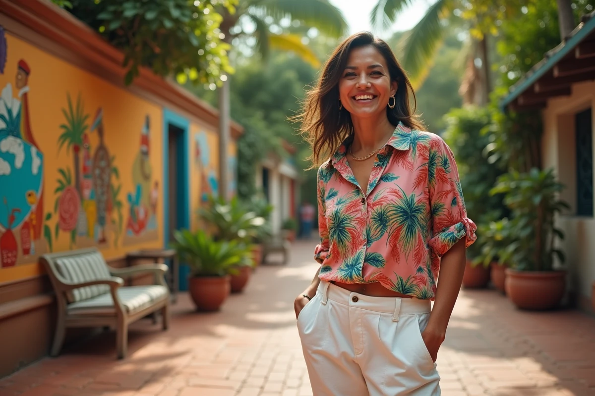 Femme portoricaine devant une fresque murale colorée aux symboles caribéens dans une plaza ensoleillée