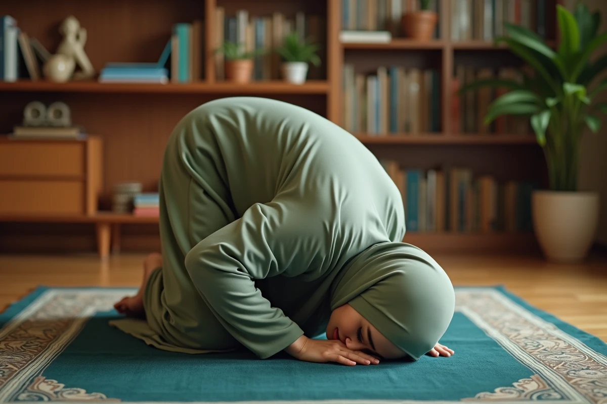 Femme en hijab en position de prosternation sur un tapis de prière lors du witr