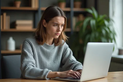 Femme frustrée face à des publicités intrusives et des pop-ups sur son ordinateur portable, illustrant les risques de navigation non protégée