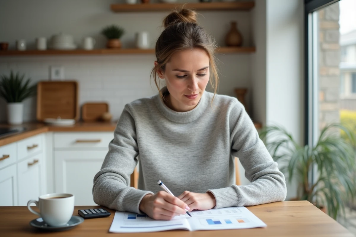 Femme étudiant un rapport sur les taux immobiliers à sa table de cuisine