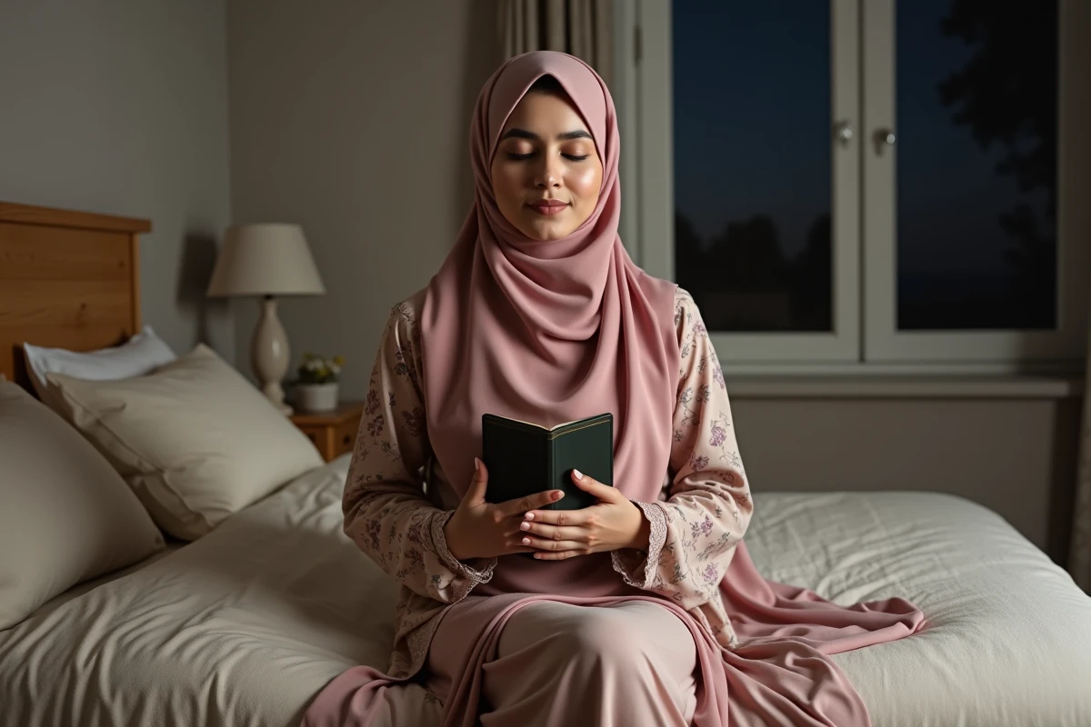 Femme musulmane récitant des versets du Coran avant de dormir dans sa chambre, moment idéal pour lire les deux derniers versets de Sourate Baqara