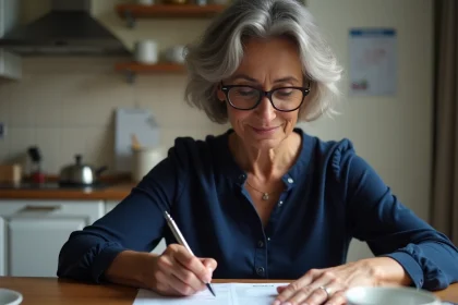 Femme remplissant une attestation d'hébergement sur papier à une table de cuisine française