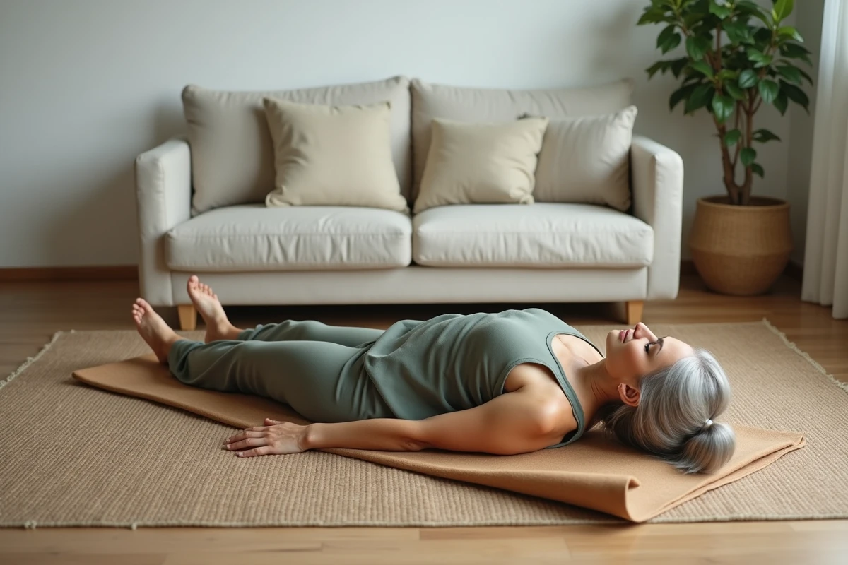 Femme mature en posture savasana sur un tapis en liège dans un salon minimaliste, évoquant les effets apaisants du yoga sur la santé mentale