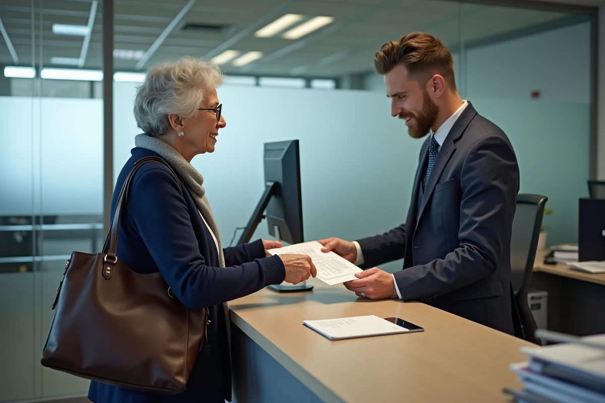Une femme âgée déposant une demande de carte grise gratuite au guichet d'une préfecture française