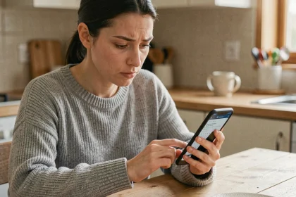 Femme tapant sur un smartphone Android pour écrire un È majuscule avec accent grave dans une cuisine