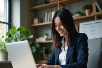 Femme professionnelle travaillant sur sa stratégie de présence en ligne avec un ordinateur portable dans un bureau moderne