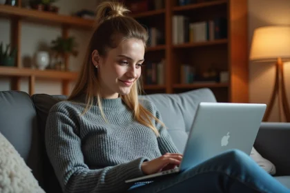 Jeune femme naviguant sur un site de streaming de films depuis son canapé avec un ordinateur portable