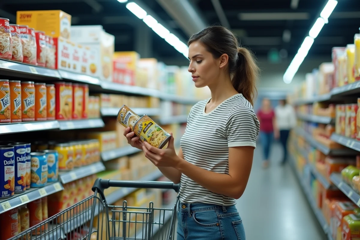 Jeune femme comparant les prix de produits alimentaires dans un supermarché pour optimiser son budget courses