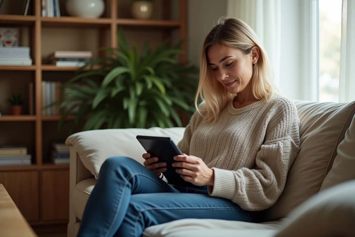 Femme consultant des actualités sur les célébrités sur une tablette dans un salon confortable, illustrant la fascination pour les stars