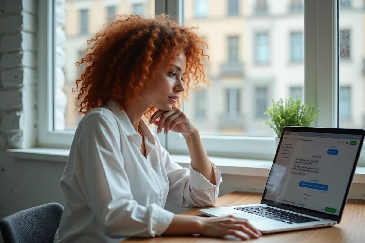 Jeune femme travaillant avec un modèle GPT sur son ordinateur portable dans un bureau à domicile