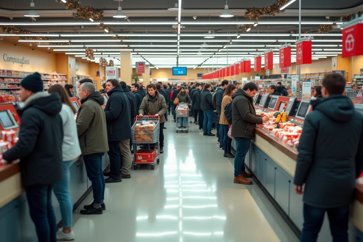 File d'attente longue aux caisses d'un grand magasin le dimanche 22 décembre, clients avec paniers et caddies remplis